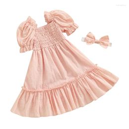Girl Dresses Pudcoco Toddler Summer Dress Short Puff Sleeve Square Neck Shirred Ruffled Swiss Dot A-Line With Headband 6M-3T