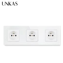 UNKAS Crystal Glass Panel French Standard Wall Socket 258*86mm Power Socket Plug Grounded 16A Black Electrical Triple Outlet