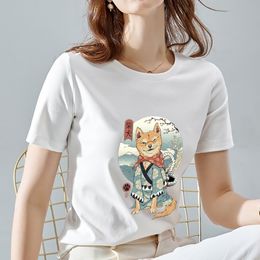 Women Tops Tee All-match Casual Ladies T-Shirts O Neck Japan Cat Pattern Print Commuter Short Sleeve Women's Clothing