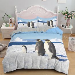 Penguin King Queen Duvet Cover Lovely Black White Antarctic Animals Bedding Set for Kids Wildlife 2/3pcs Polyester Quilt Cover