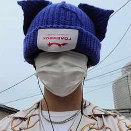 BeanieSkull Caps Cute Fashion Hooded Cap Loverboy Cat Ear Knit Hat Doublelayer Warm Pig Ear Woolen Hat Niche Design Hiphop Persona306f