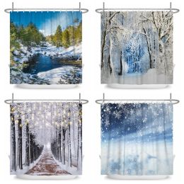 Winter Forest Tree Shower Curtains Waterproof Bath Curtain Winter Natural Scenery Snow Scene for Bathroom Home Decor with Hooks