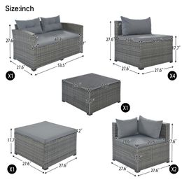 10-Piece Patio Rattan PE Wicker Furniture Corner Sofa Set, Sectional Sofa Chair, Seating, Lying(Black Wicker, Beige /gray Cushio