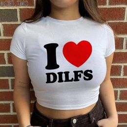 Women's T Shirts T-shirt I Love Dilfs 2000s Harajuku Summer Clothing Slim Crop Tops Short Sleeve Letter T-shirts Y2K Fashion Cute