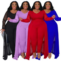 Arrivals Plus size Women Clothing Longsleeved Stitching Stretch Jumpsuit for Party Club Rompers with Pocket 240410