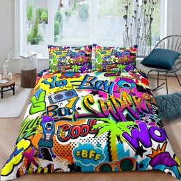 Graffiti Duvet Cover Set for Teens Boys Hip Hop Art Comforter Cover Set Rock Music Sports Bedding Set Quilt Cover Set Queen Size