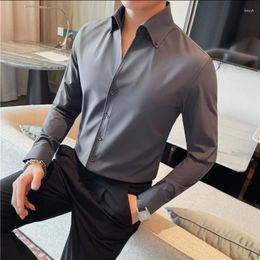 Men's Casual Shirts Gentleman V-neck Shirt For Men Long Sleeve Slim Fit Solid Color Business Formal Dress Black White Grey
