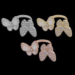 High End Vancefe Brand Designer Rings for Women Titanium Steel Jewellery Gold Double Butterfly White Shell with Diamond Opening Senior Brand Logo Designer Jewellery