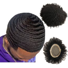 Malaysian Virgin Human Hair Systems #1 Jet Black 6mm Wave 6x8 Mono Toupee for Black Men