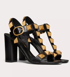 Summer Luxury Women Roman Stud Sandals Shoes Nappa Leather Lady Maxi Rivets Chunky Heels Gladiator Sandalias Elegant Casual Walking EU35-43