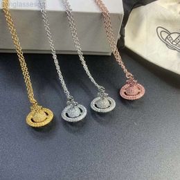 Designer Viviane Westwood the Empress Dowager of the West Full of Diamonds Threedimensional Blue Saturn Necklace Womens Highend Feeling Ufo Planet Cross Clavicle C