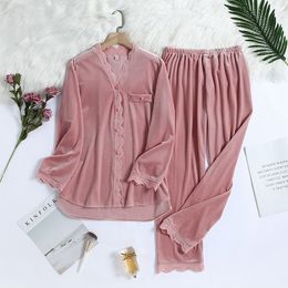 Fdfklak 2Pcs Gold Velvet Pajamas Set For Women Warm Pyjama Sexy V-Neck Lace Homewear Autumn Winter New Pijamas Long Pant