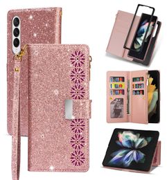 Glitter Zipper Case for Samsung Galaxy Z Fold 3 with Card Slot Handbag with Wrist Strap5835110