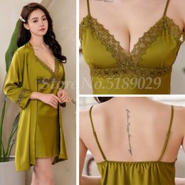 Sexy Sleepwear Lace Bathrobe Women Nightwear 2PCS Kimono Robe Set Strap Nightgown Loungewear Home Clothing Intimate Lingerie