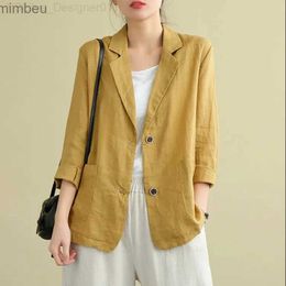 Campioni da donna Blazer Blazer Casual Cotton e Linen Abito Donne 2023 Primavera ed estate Nuova Blazer Solid Blazer Solido Abbigliamento per la crema solare C240410