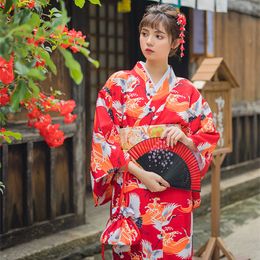 Women's Japan Kimono Red Colour Crane Prints Yuaka Robe Cosplay Clothing Stage Performing/Photo Shooting Wear