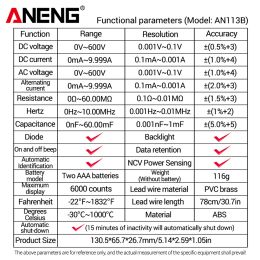 ANENG AN113B Digital Multimeter True RMS with Temperature Tester 6000 Counts Auto-Ranging AC/DC Transistor Voltage Metre