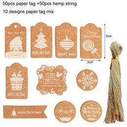 50Pcs Kraft Paper Card Gift Label Tag Xmas Tree Hanging Tag Snowflake Santa Claus Christmas Paper Tags Merry Christmas Tag Decor