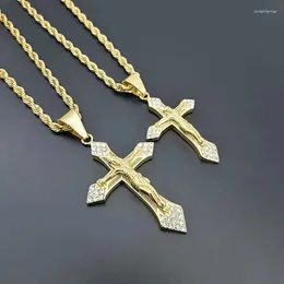 Pendant Necklaces Hip Hop Bling Iced Out Gold Colour Stainless Steel INRI Crucifix Jesus Cross Necklace For Men Rapper Jewellery