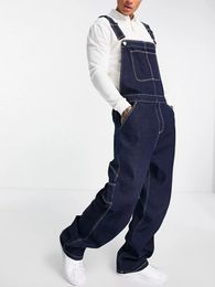 European and American Mens Denim Jumpsuits Spring and Autumn Strap Jeans High Quality Long Denim Bib Overalls For Men 240403