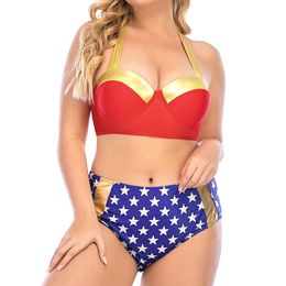 Sexy Red High Waisted Bikini Women Flag Swimwear Star Print Bikini Set BBW Plus Size Bathing Suit Halter Cup Separate Swimsuit