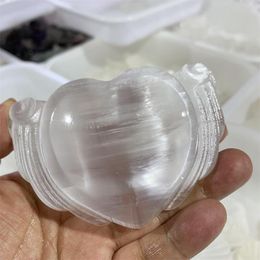 Carved White Selenite Sculpture Heart Shaped Bowl Gypsum Stone Container Quartz Crystal Power Healing Gifts