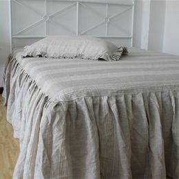 Soft Striped French Washed Ruffled Linen Bed Skirt Dust Skirting 100% Flax Bedding Bedspread Bed Cover