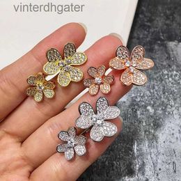 High End Vancefe Brand Designer Rings for Women v Gold High Version Kaleidoscope Full Diamond Ring 18k Gold Clover Open Ring Senior Brand Logo Designer Jewelry