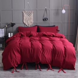 Lace-Up Solid Colour Polyester Soft Duvet Cover Set Home Textile Simple Grey Bedding Sets 2/3pcs Quilt Cover Pillowcase Bed Linen