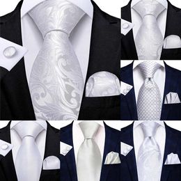 Neck Ties 2024 New Mens Tie White Flower Hanky Cufflinks Set for Mens Wedding Party Business Mens Tie Fashion Brand Hi TieC240410