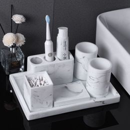Modern Resin Bathroom Accessories Marble Texture Desktop Mouthwash Sets Golden Stroke Bathrooms Five Piece Sets Home Decoration