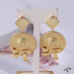 Dangle Earrings European And American Retro Plated Copper Chequered Bow Straw Hat Fashion For Women