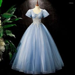 Party Dresses 2024 Sparking Blue Grey Prom Dress Short Puff Sleeves Formal Evening Gown Lace Appliques Beading Vestidos De Gala Mujer