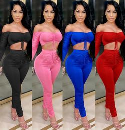 autumn 2020 new pleated one shoulder drawstring pile up sleeve lace up women two piece set Bodysuit Leggings Drawstring Pants Trac8088227