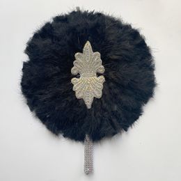 African Blue Turkey Feather Hand Fan, Handmade Fans for Wedding Decoration, Stones, Double-sided, 1Pc Bag