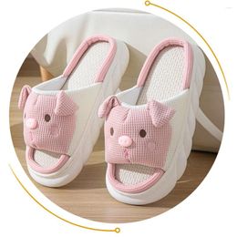 Walking Shoes Women Cute Animal Slippers Funny Open Toe Pig Pink Linen Anti Slip Floor Comfortable For 4 Season