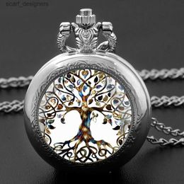 Pocket Watches Retro Tree of Live Vintage Quartz Pocket Women Men Necklace Unique Pendant Silver Clock Hours Gift Accessories Y240410