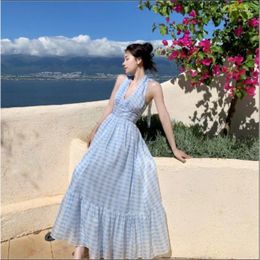 Casual Dresses V-neck Suspender Neck Hanging Dress 2024 French Fairy Beach Vacation Long Skirt Women's Spring And Summer Style