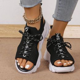 Sandals Women's Summer Black And White Knitted Elastic Design Casual Fashion Flat Zapatos Mujer 2024 Tendencia