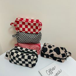 Cute Retro Checkerboard Grid Cow Print Pencil Bag Decorative Storage Pouch Girl Kawaii Stationery Pencil Cases School Supplies