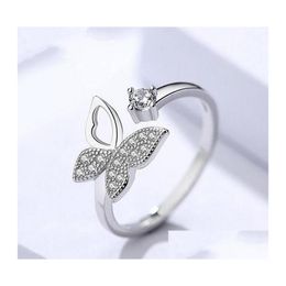 With Side Stones New Cubic Zircon Crystal Butterfly Rings For Women Platinum Plated Jewellery Open Adjustable Finger Ring Epacket Drop D Dh7E0