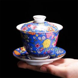 200ml Chinese Traditions Gai Wan Enamel Color Kungfu Tea Set Large Tea Bowl White Porcelain Tea Cup and Saucer Set Travel Teapot