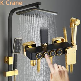 Hot Cold Digital Shower System Bathroom Wall Mounted Black Shower Set Rainfall Bath Mixer Tap Square Head Copper Shower Systems