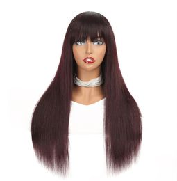 Natural Human Hair Non Lace Wig 1B 99J Colored Malaysian Remy Straight Glueless Wigs With Bangs For Black Women Cheap Burgundy Omb7291955