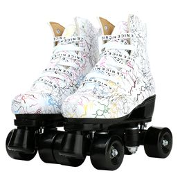 Graffiti Roller Skates Pu Leather Double Line Skates Women Men Adult Two Line Skate Shoes Patines With Four Colors Pu 4 Wheels