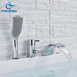 FMHJFISD Deck Mount Chrome Waterfall Bathtub Faucet Wide Waterfall Spout Tub Mixer Pull Out Handshower Widespread New Hot Sale