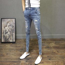 Delessed Jeans, Herren trendige Sommer dünne diagonale Taschen, schlanke Fit kleine Beinhosen, koreanische Version Trendy Cropped Hosen