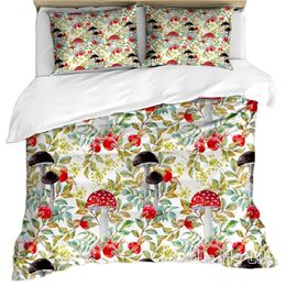 Watercolour By Ho Me Lili Duvet Cover Set Hand Drawn Dogrose And Mushrooms Autumn Leaves Berries Nature Decor Bedding