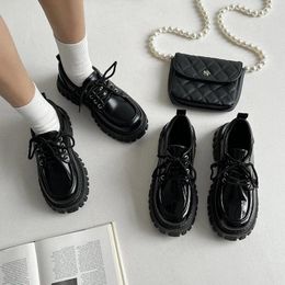 Casual Shoes Solid Black Leather For Women 2024 Spring Autumn Lace-up England Style Retro Fashion All-match Flat Platform