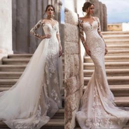 Lace Mermaid Wedding Dresses With Detachable Skirt 2024 Tulle Applique Sweep Train Bridal Gowns Sheer Neck Long Sleeves